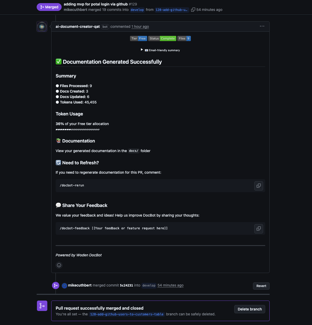 DocBot completion summary showing files processed, docs created and tokens used
