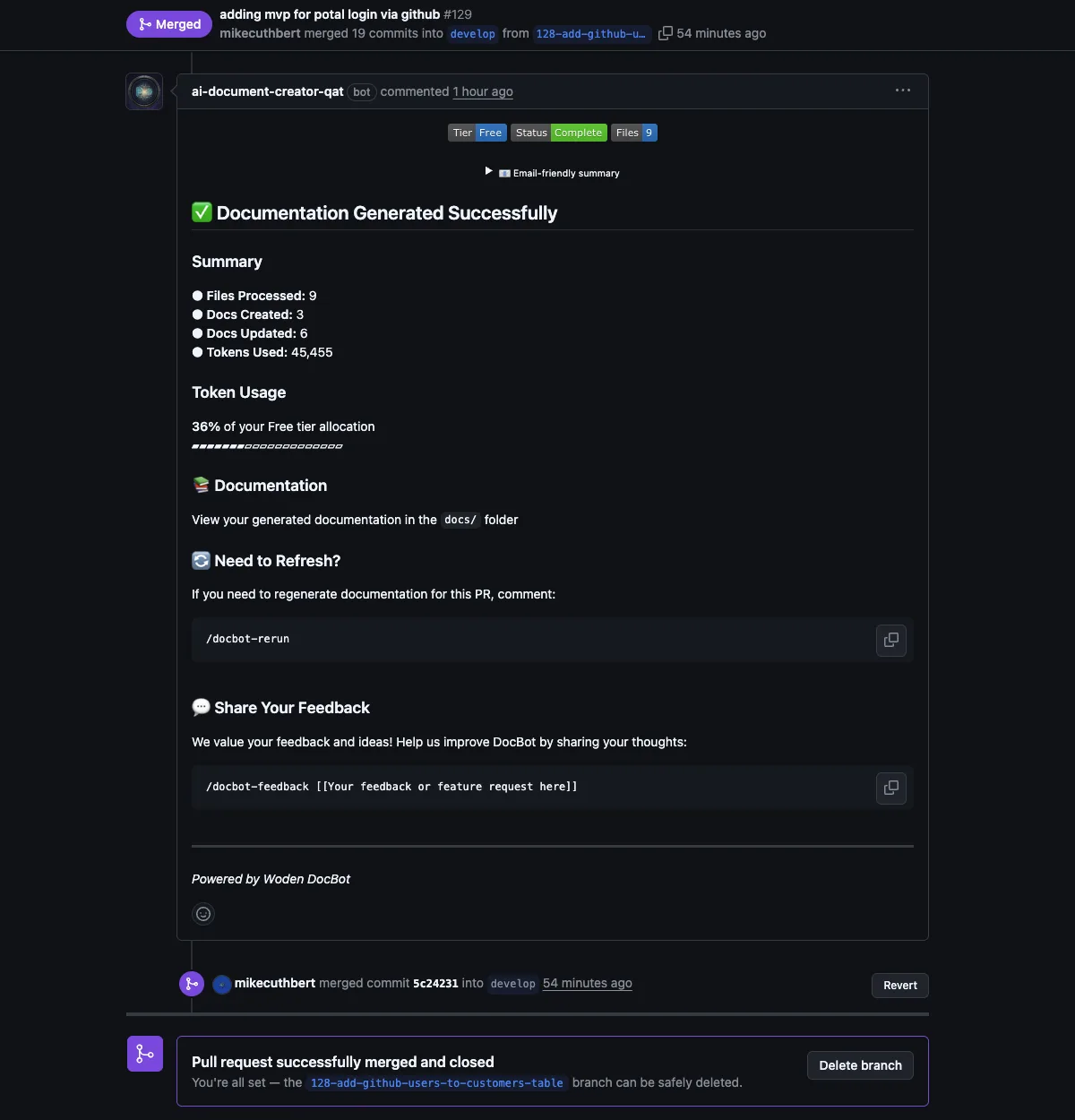 Completion comment with files processed, docs created and tokens used