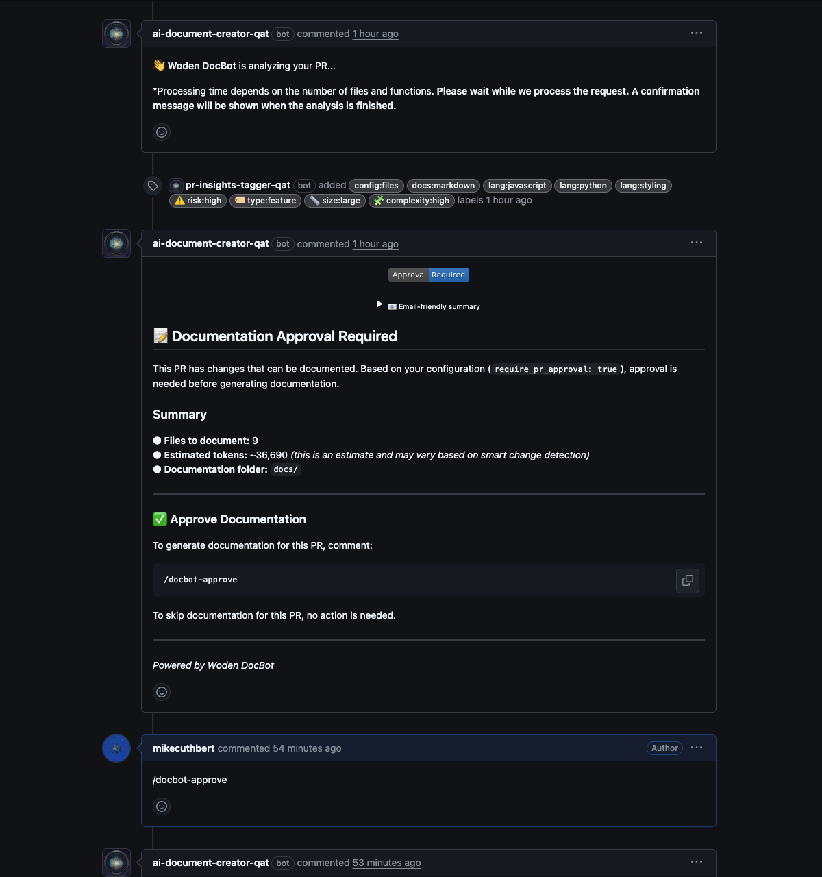 DocBot posts a documentation cost estimate and approval prompt on a pull request