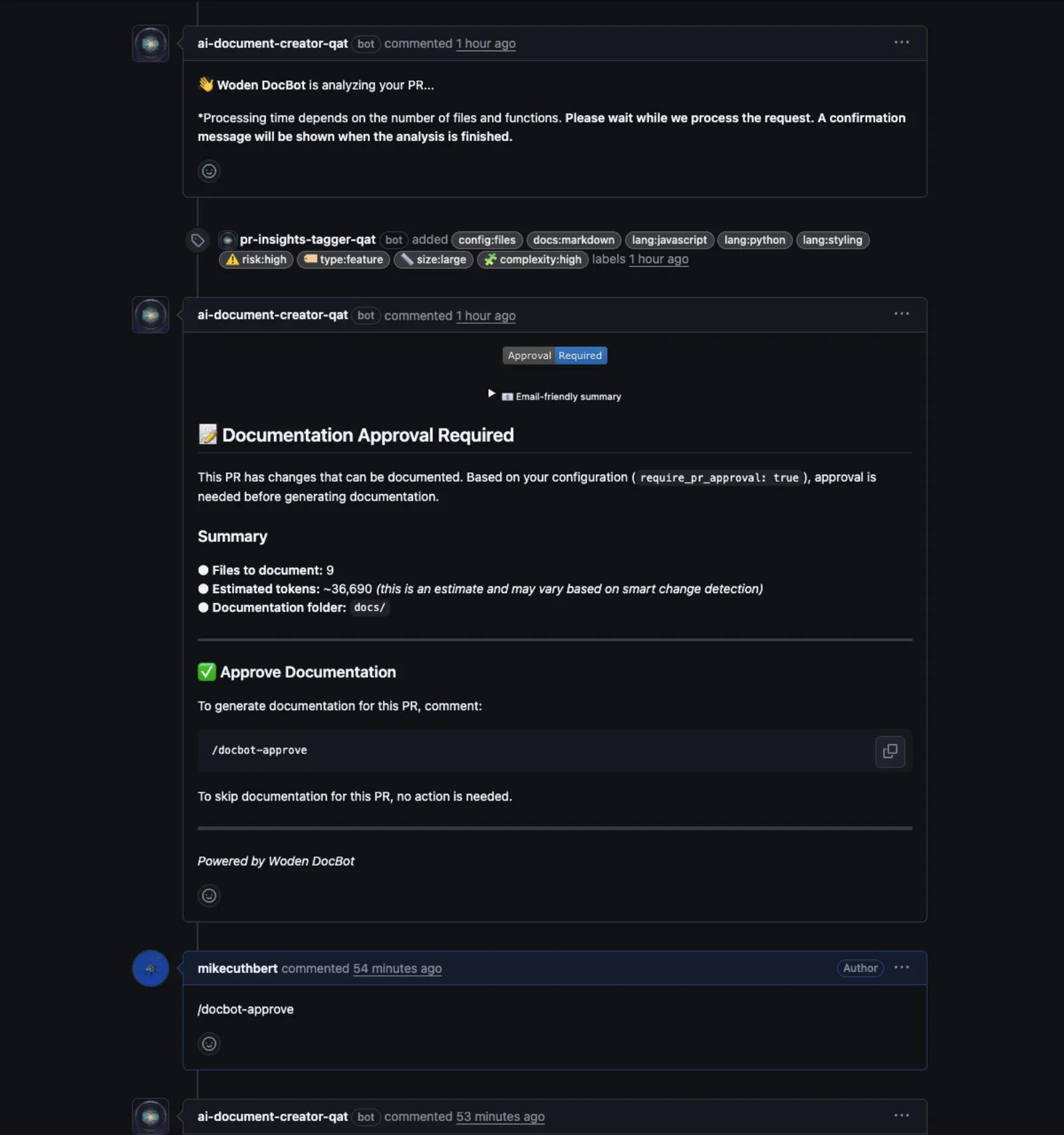 DocBot posting a cost estimate and approval prompt on a pull request