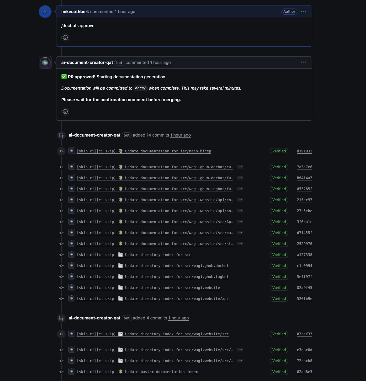DocBot generating documentation and pushing commits after approval