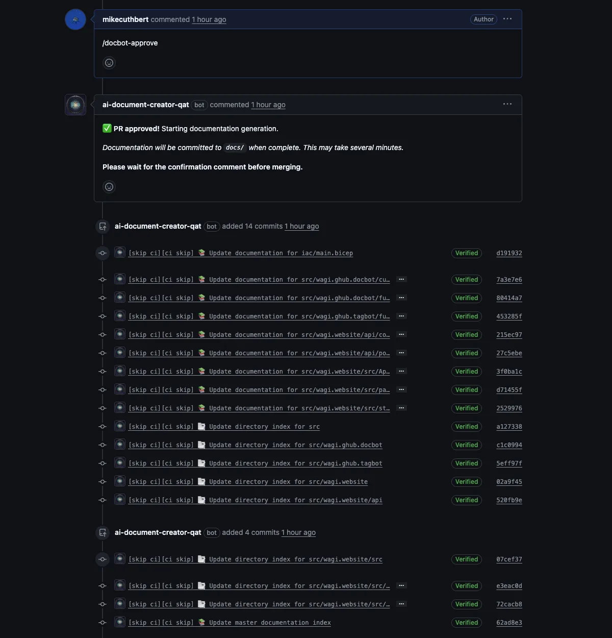 DocBot generating documentation and pushing commits after approval