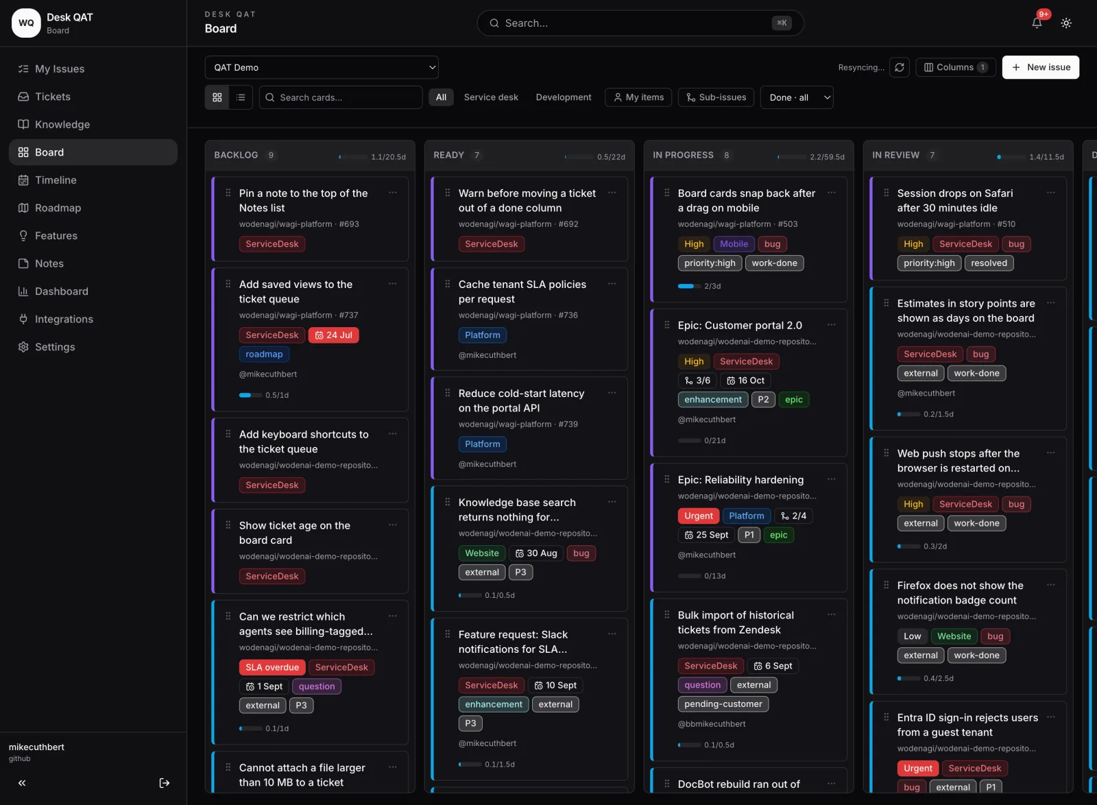 Woden Service Desk delivery board with service desk tickets and development issues in status columns