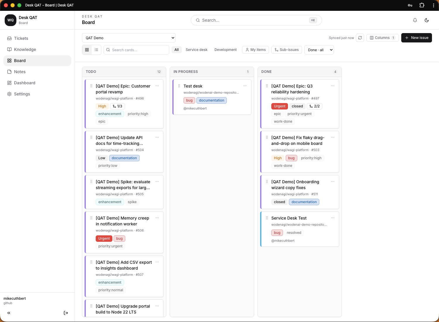 Service Desk delivery board on GitHub Projects with service desk and development cards