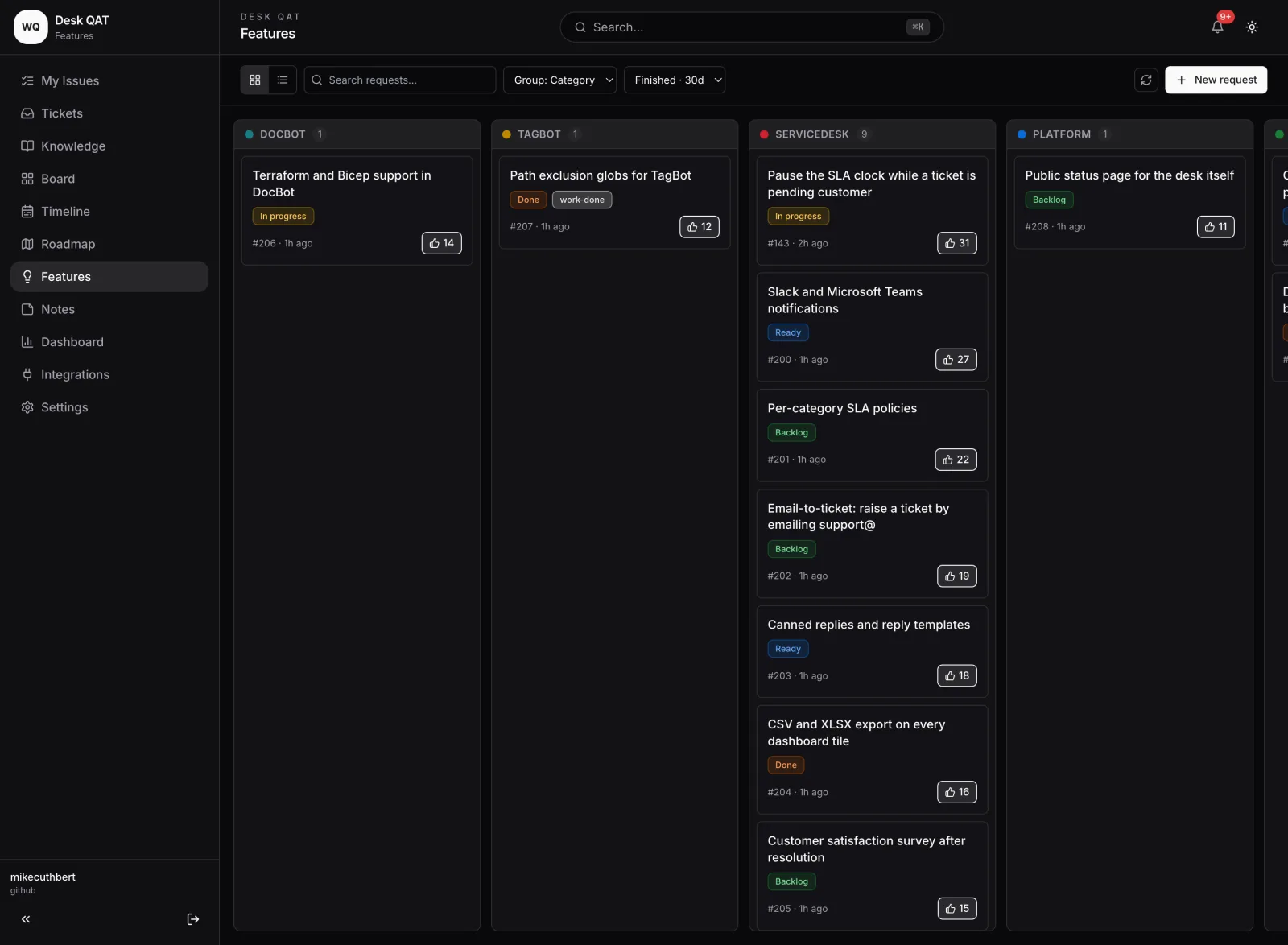 Feature request board with customer votes and categories