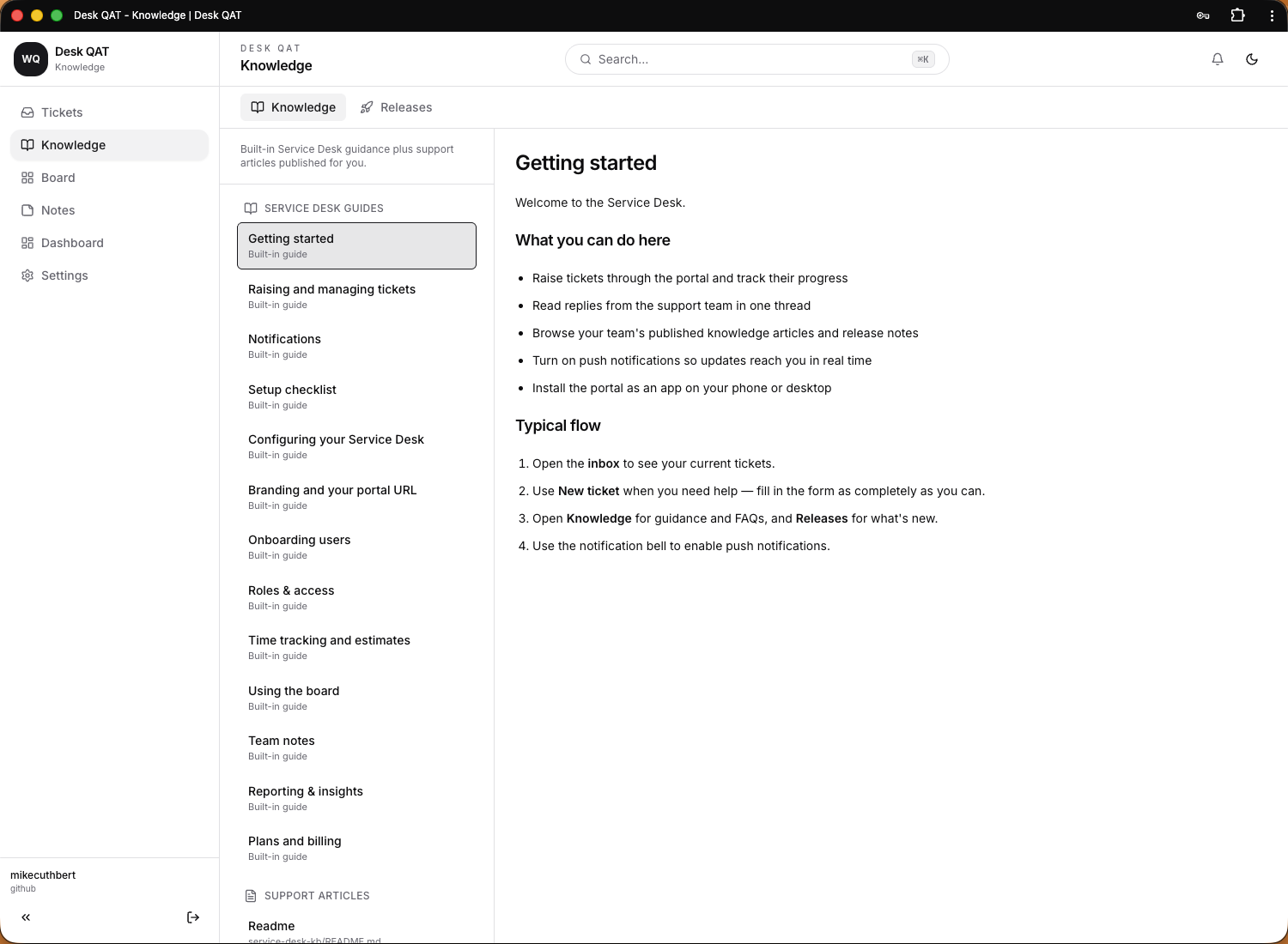 Service Desk knowledge base with tabbed built-in guides and published support articles