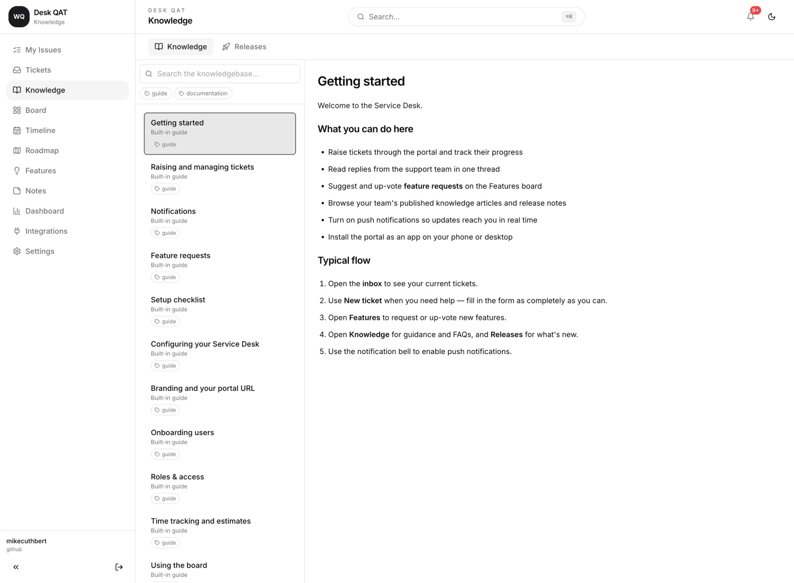 Knowledge base with articles from the repository and from team notes, with tag filters