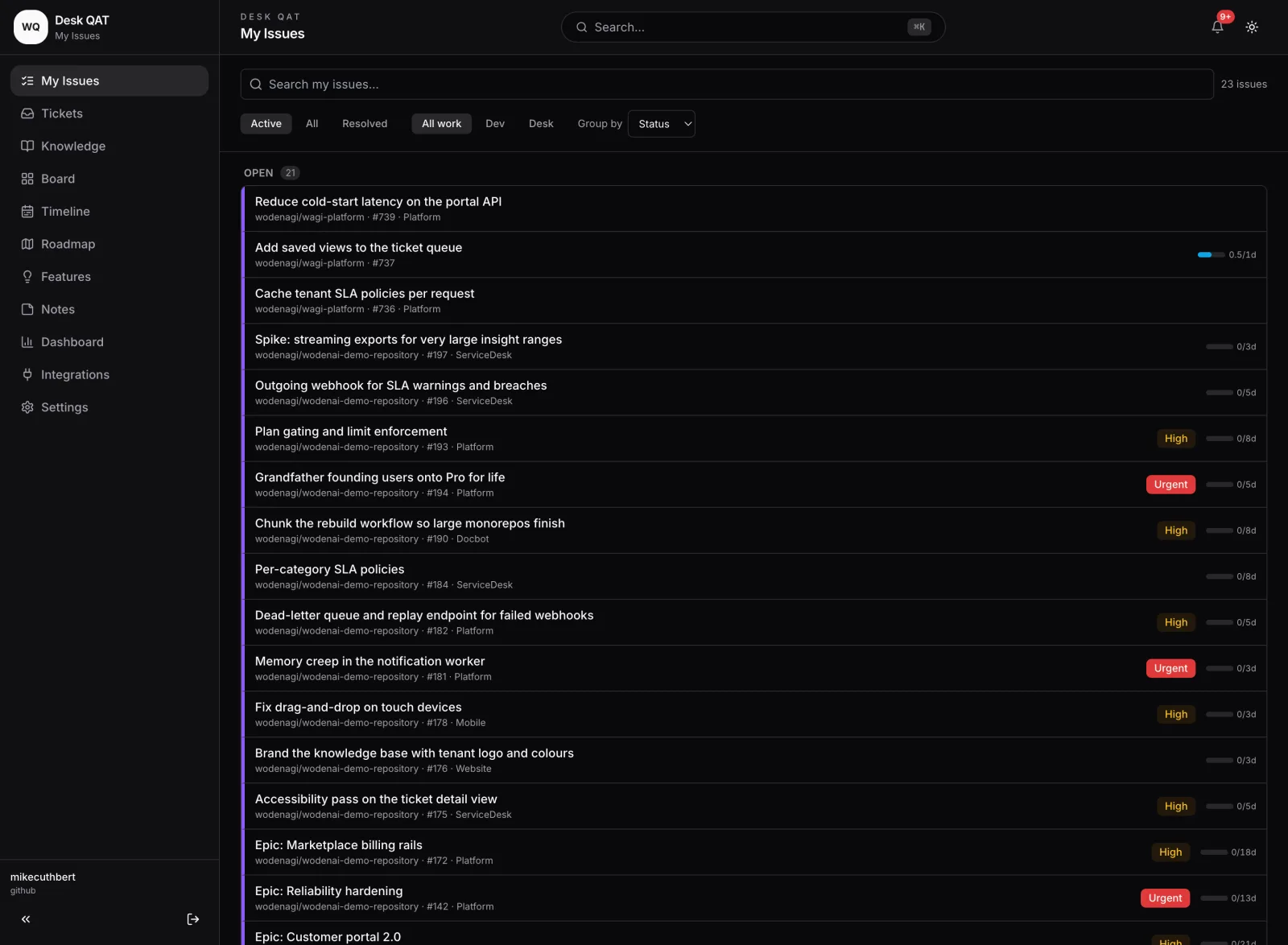 Everything assigned to one person across every project, grouped and searchable