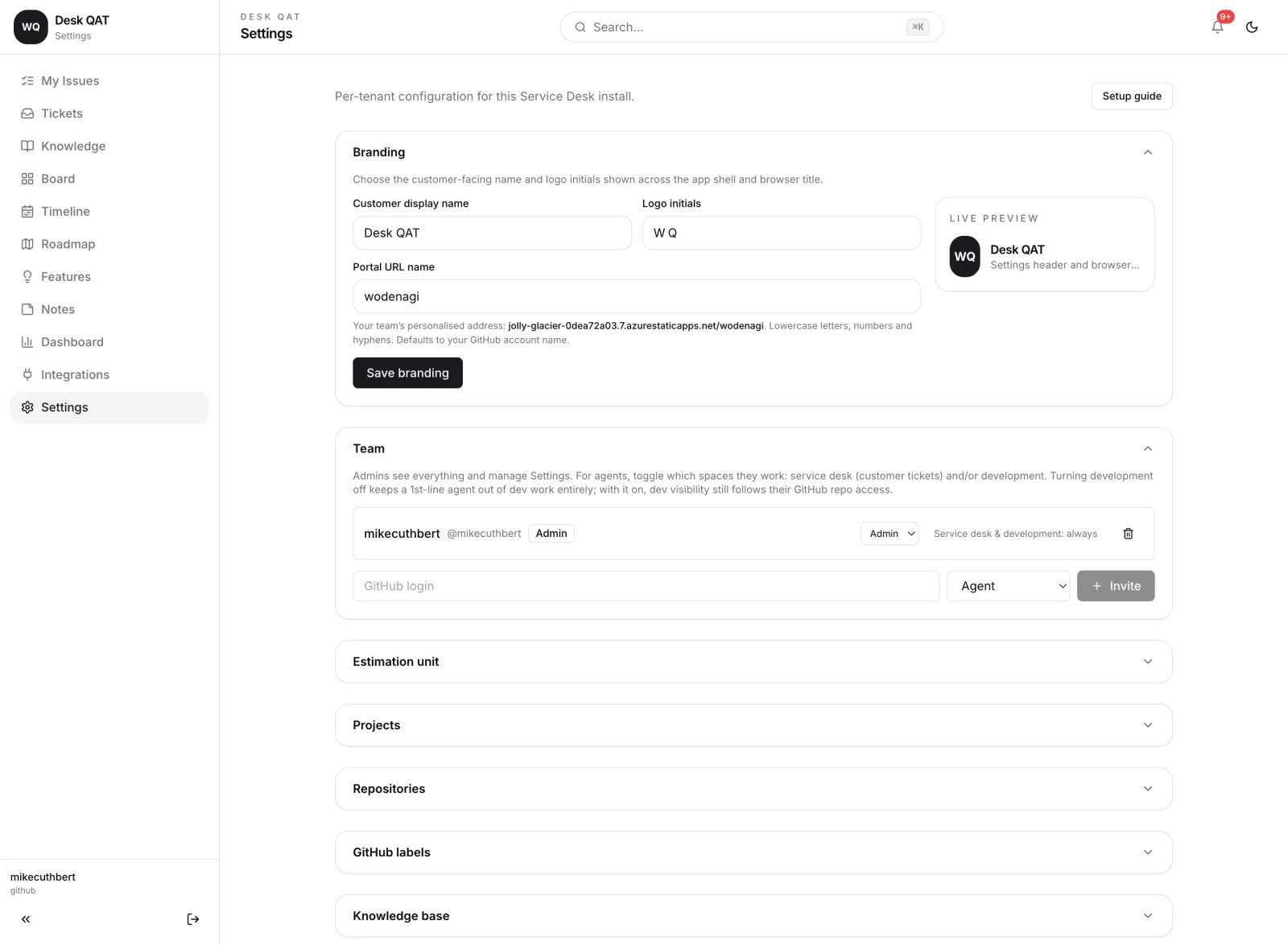 Settings with portal name and address preview, estimation unit and team roles