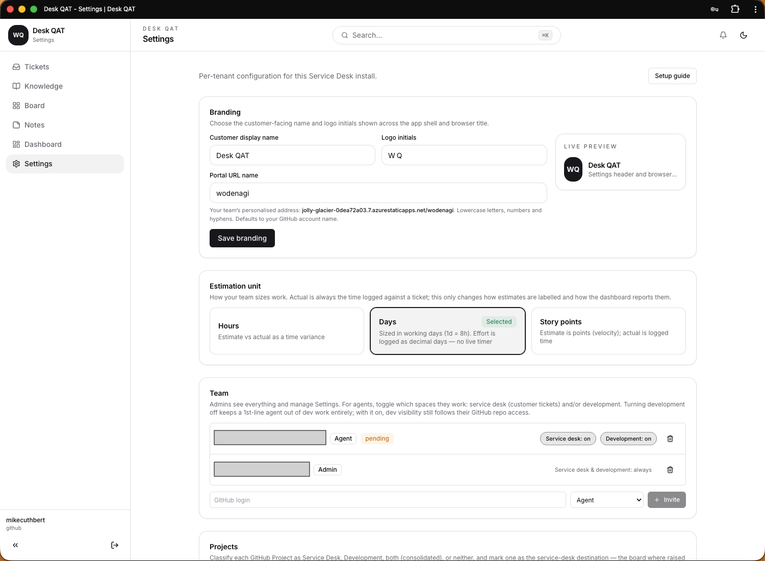 Service Desk settings with portal name and URL live preview, estimation unit and team roles