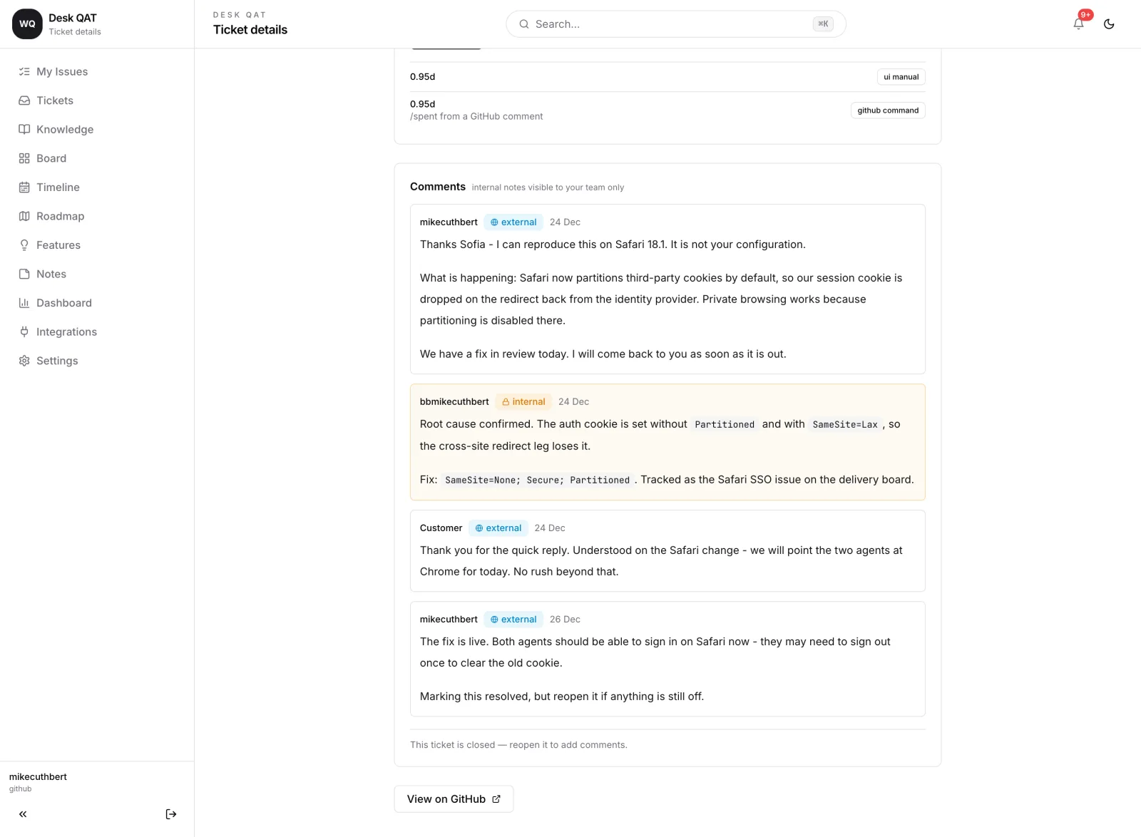 A ticket with public replies, internal notes, SLA panel and time entries