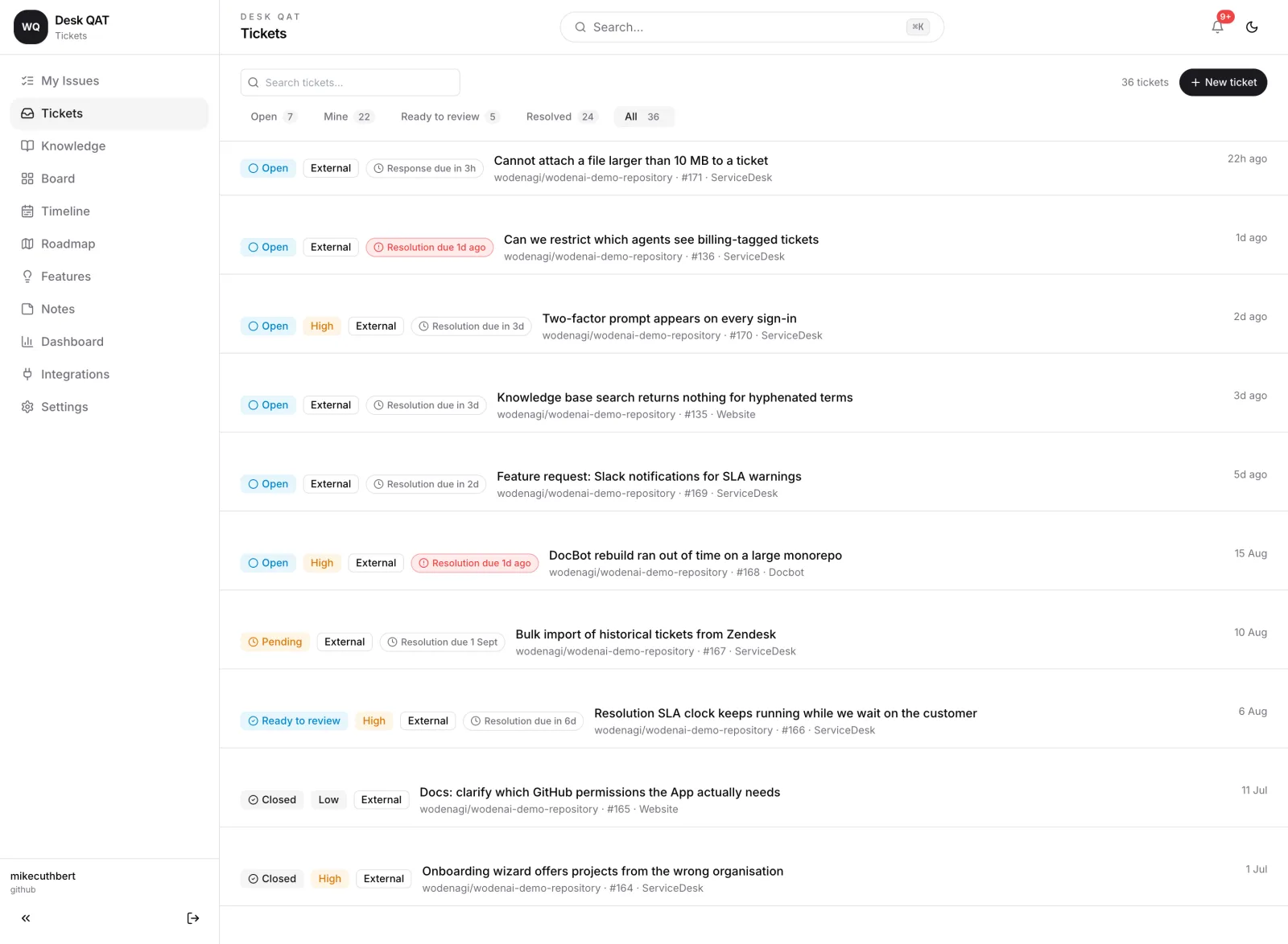 Ticket list with SLA badges, priority and status filters