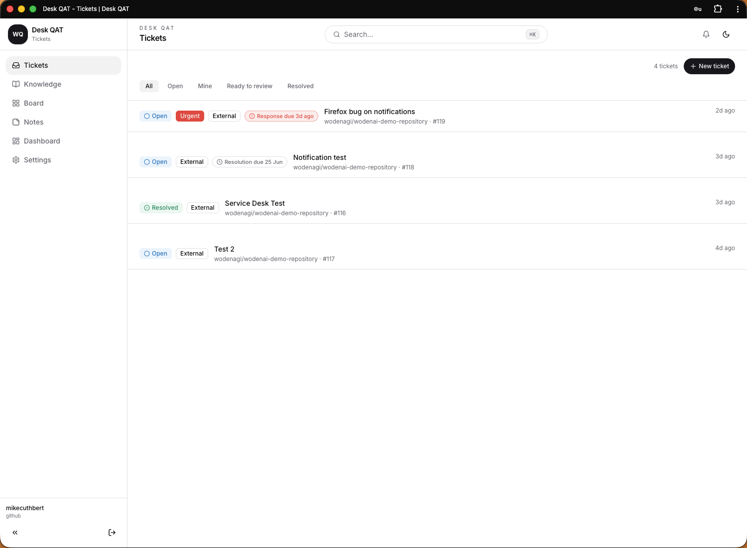 Service Desk tickets inbox with SLA badges, priority and status filters